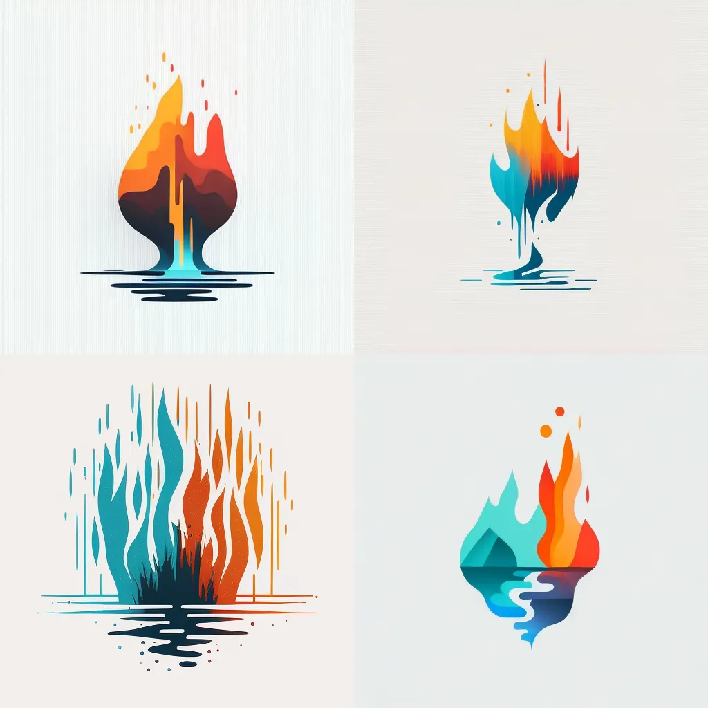 Minimalistyczne logo wektorowe wykonane z linii przedstawiających sylwetkę ognia i wody, proste kształty i linie, blokowe, nowoczesne, artystyczne, 5 kolorów.