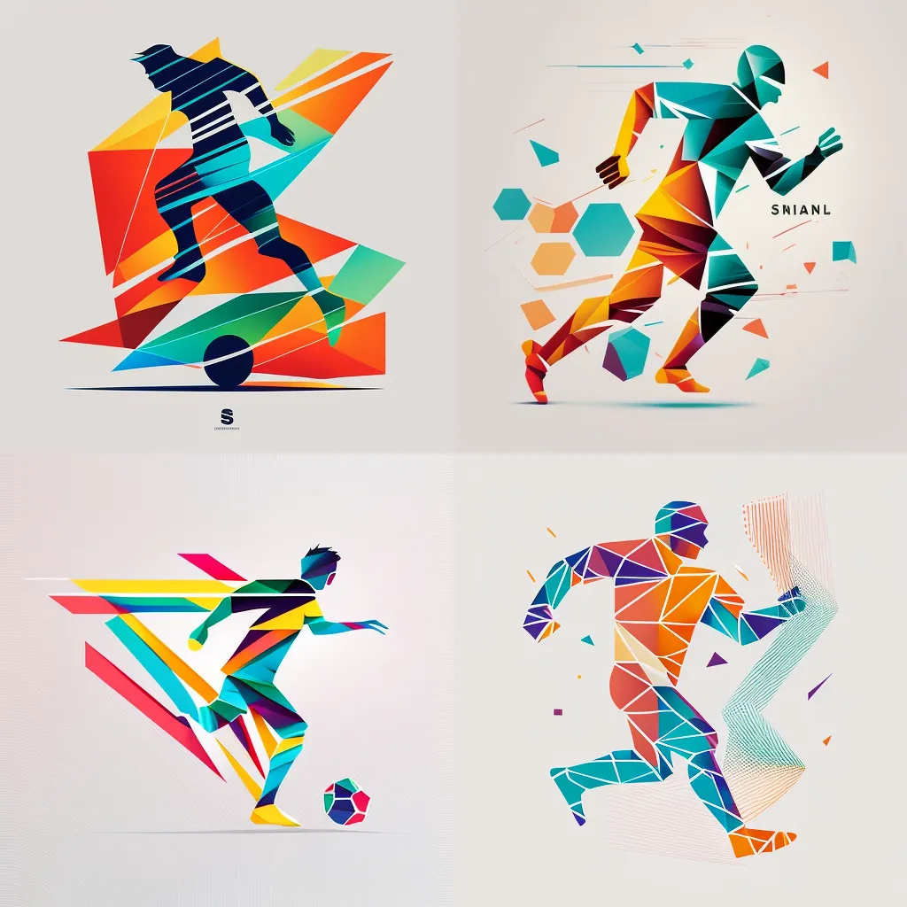 Minimalistyczne logo wektorowe wykonane z linii przedstawiających sylwetkę piłkarza z piłką i literą "S", proste kształty i linie, blokowe, nowoczesne, artystyczne, 5 kolorów.