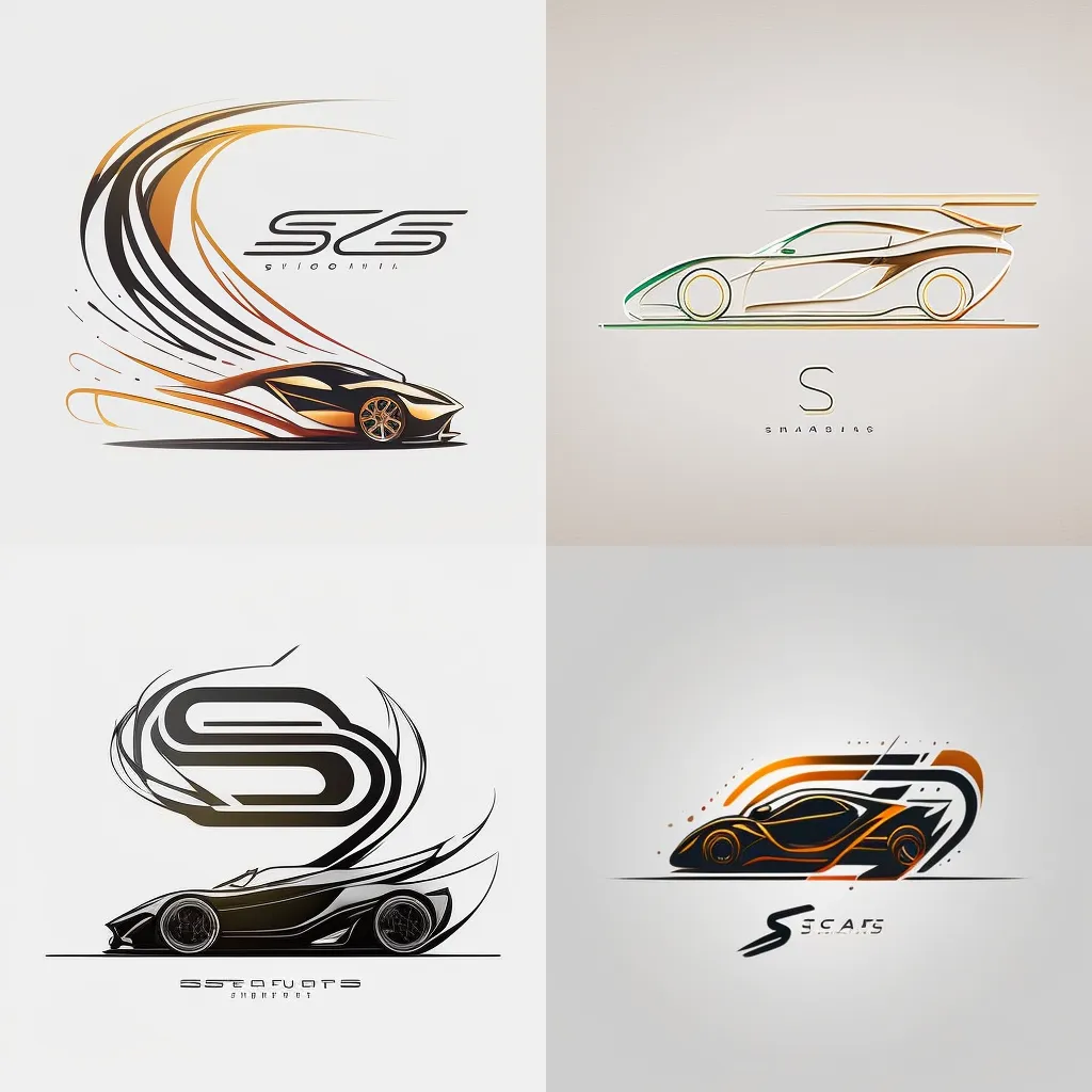 Minimalistyczne logo wektorowe wykonane z linii przedstawiających sylwetkę super samochodu i literę "S", proste kształty i linie nowoczesny, artystyczny twist, 3 kolory.